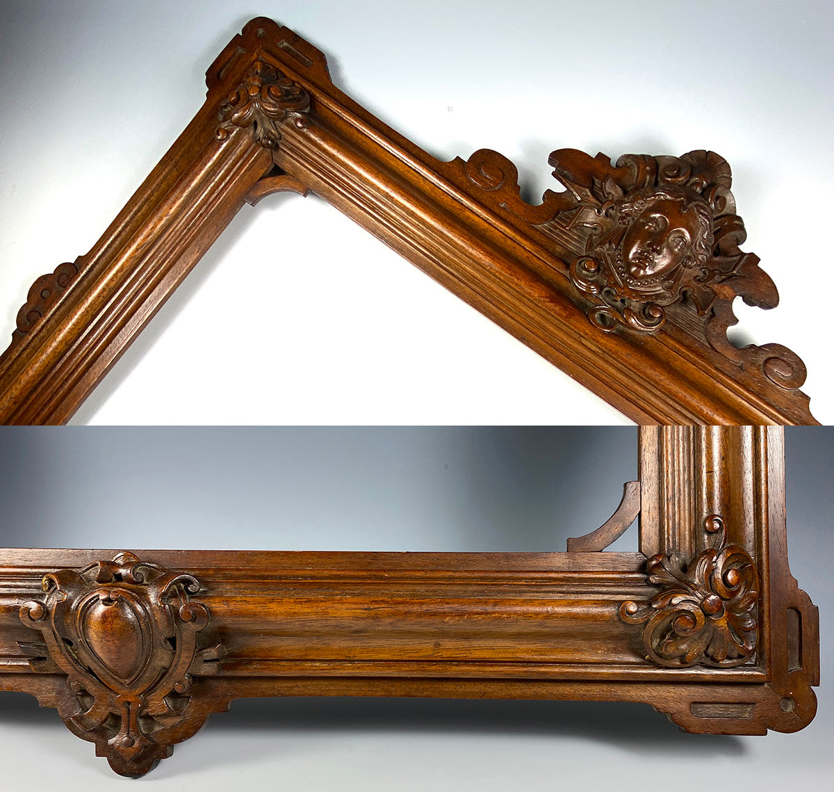 Exceptional Neoclassical Antique Hand Carved Figural Frame, 18.25" x 14", for Art, Photo or Mirror