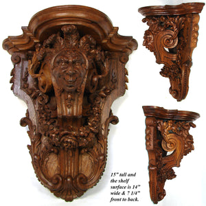 Antique Victorian Era Carved Oak 15" Wall or Bracket Shelf, Neo-Renaissance Style Jester Figure