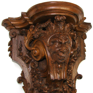 Antique Victorian Era Carved Oak 15" Wall or Bracket Shelf, Neo-Renaissance Style Jester Figure