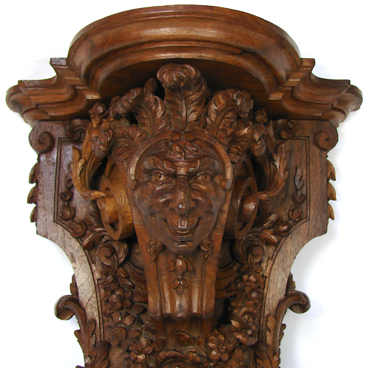 Antique Victorian Era Carved Oak 15" Wall or Bracket Shelf, Neo-Renaissance Style Jester Figure