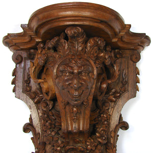 Antique Victorian Era Carved Oak 15" Wall or Bracket Shelf, Neo-Renaissance Style Jester Figure