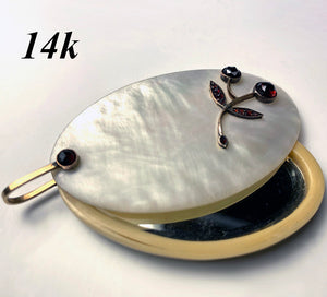 Antique Austrian Pocket or Purse Mirror, Pendant in Mother of Pearl, 14k Gold, Garnet Gem Setting