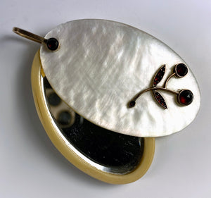 Antique Austrian Pocket or Purse Mirror, Pendant in Mother of Pearl, 14k Gold, Garnet Gem Setting