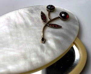 Antique Austrian Pocket or Purse Mirror, Pendant in Mother of Pearl, 14k Gold, Garnet Gem Setting