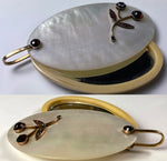 Antique Austrian Pocket or Purse Mirror, Pendant in Mother of Pearl, 14k Gold, Garnet Gem Setting