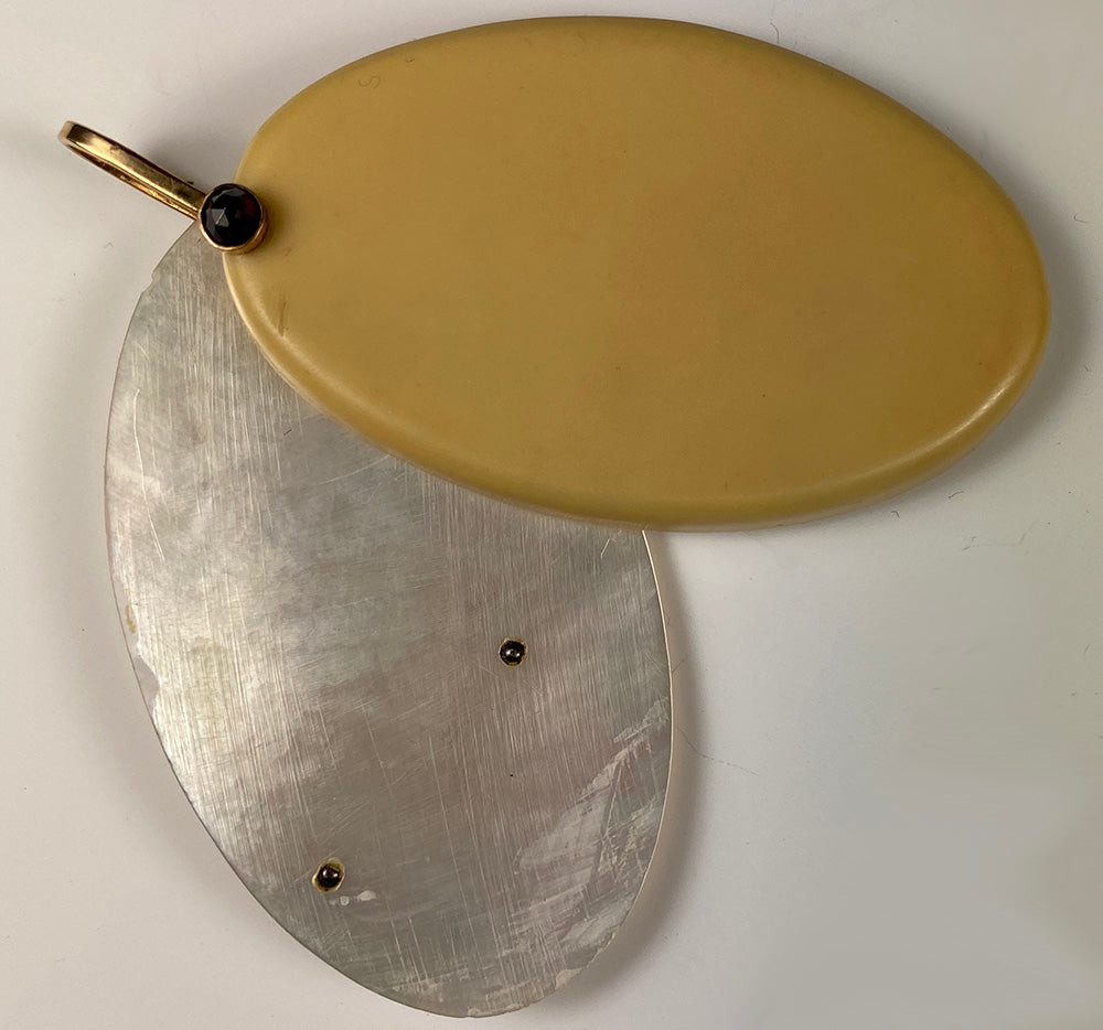 Antique Austrian Pocket or Purse Mirror, Pendant in Mother of Pearl, 14k Gold, Garnet Gem Setting