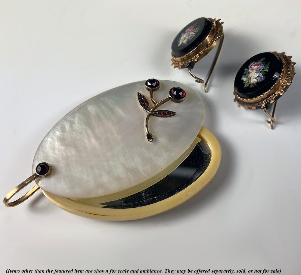 Antique Austrian Pocket or Purse Mirror, Pendant in Mother of Pearl, 14k Gold, Garnet Gem Setting