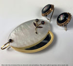 Antique Austrian Pocket or Purse Mirror, Pendant in Mother of Pearl, 14k Gold, Garnet Gem Setting