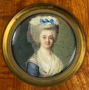 Antique c.1770-80s French Portrait Miniature of a Woman, King Louis XVI, Marie-Antoinette Era in Frame