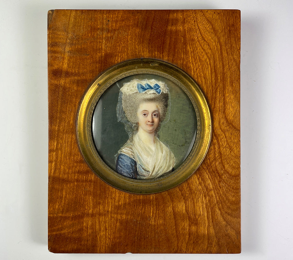 Antique c.1770-80s French Portrait Miniature of a Woman, King Louis XVI, Marie-Antoinette Era in Frame