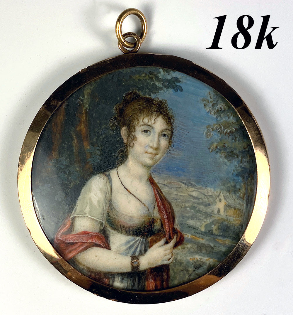 Antique French Napoleon Era Portrait Miniature in 18k Gold Locket Frame, ID'd Artist: Julie BOILY, c.1810