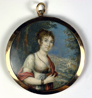 Antique French Napoleon Era Portrait Miniature in 18k Gold Locket Frame, ID'd Artist: Julie BOILY, c.1810