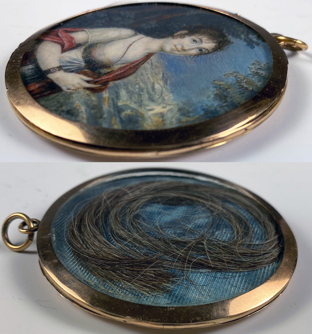 Antique French Napoleon Era Portrait Miniature in 18k Gold Locket Frame, ID'd Artist: Julie BOILY, c.1810