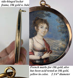 Antique French Napoleon Era Portrait Miniature in 18k Gold Locket Frame, ID'd Artist: Julie BOILY, c.1810