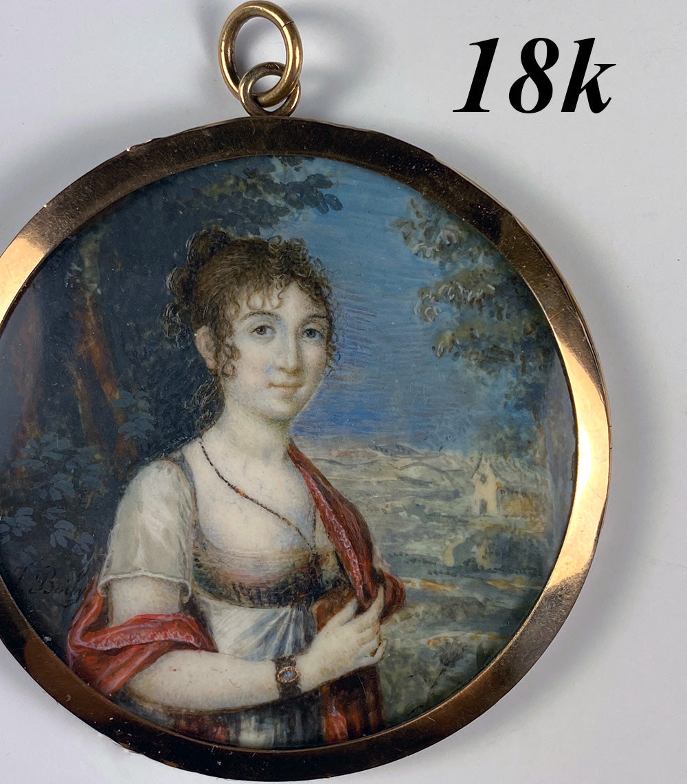 Antique French Napoleon Era Portrait Miniature in 18k Gold Locket Frame, ID'd Artist: Julie BOILY, c.1810