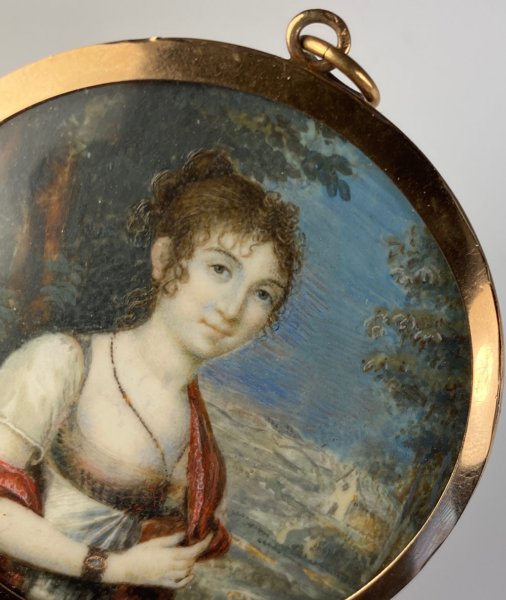 Antique French Napoleon Era Portrait Miniature in 18k Gold Locket Frame, ID'd Artist: Julie BOILY, c.1810