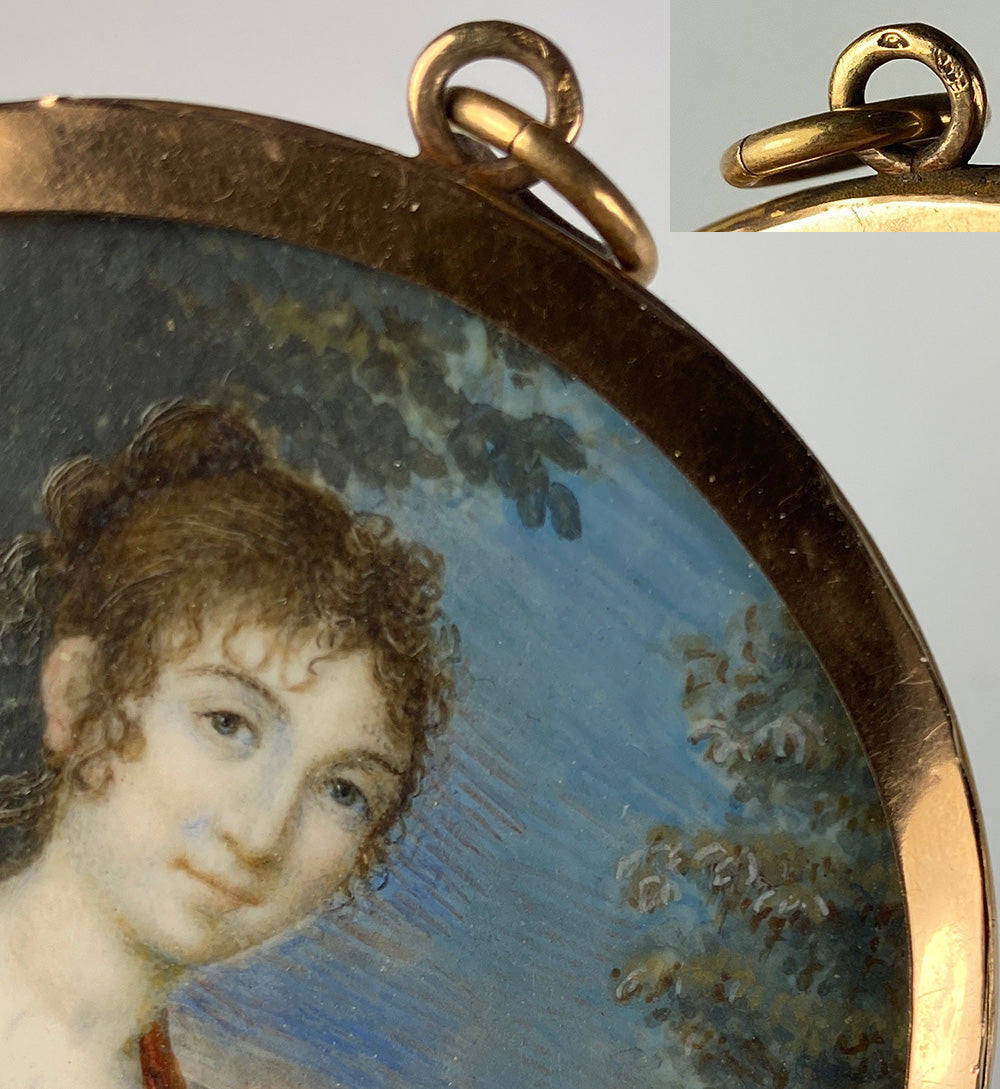 Antique French Napoleon Era Portrait Miniature in 18k Gold Locket Frame, ID'd Artist: Julie BOILY, c.1810