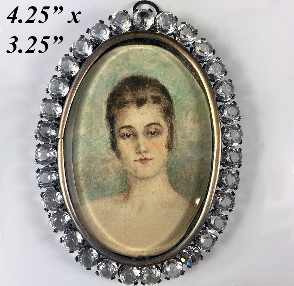 Antique French Paste Gem Easel Frame, 4.25" Oval, Portrait Miniature, 31 HUGE 9mm Paste Stones