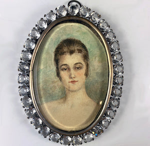 Antique French Paste Gem Easel Frame, 4.25" Oval, Portrait Miniature, 31 HUGE 9mm Paste Stones