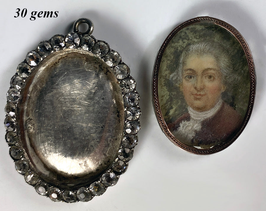 Antique Jeweled Frame, French Paste Gem Pendant, Portrait Miniature, c.1700s, Silver and 18k Gold Bezel