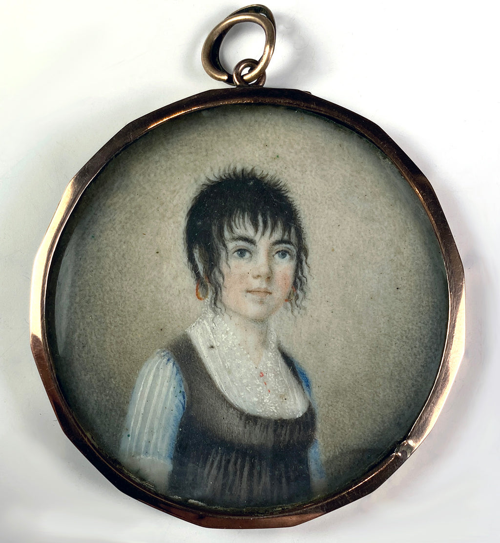 RARE Antique c.1797-1810 French Portrait Miniature Young Girl, Guillotine Haircut, Titus, 10k Gold