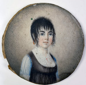 RARE Antique c.1797-1810 French Portrait Miniature Young Girl, Guillotine Haircut, Titus, 10k Gold