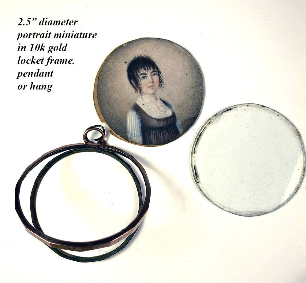 RARE Antique c.1797-1810 French Portrait Miniature Young Girl, Guillotine Haircut, Titus, 10k Gold