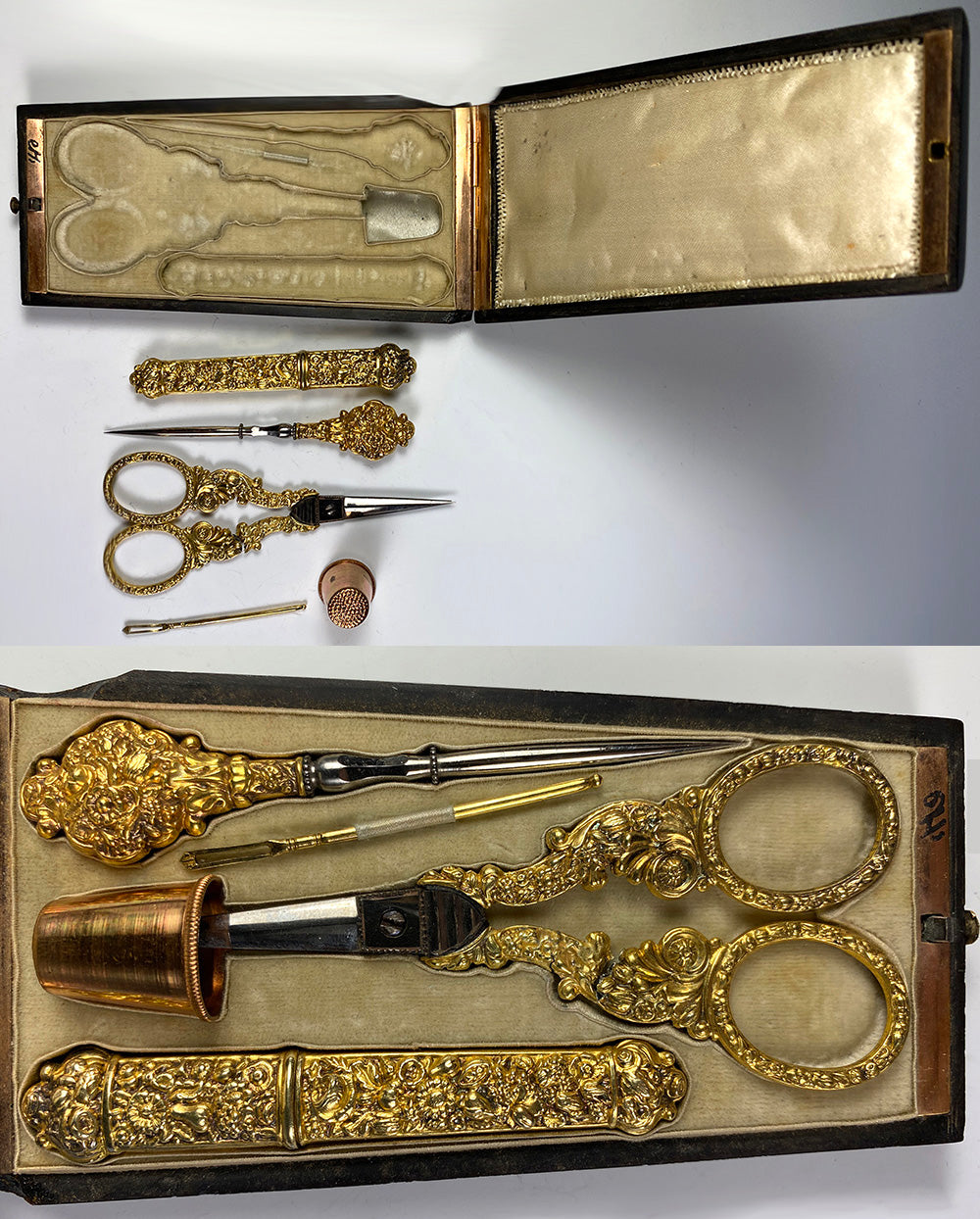 Antique French Vermeil Sewing Set, Etui of Inlaid Tortoise Shell, Tortoiseshell, Napoleon III, (1850-70)