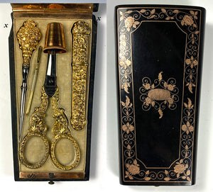 Antique French Vermeil Sewing Set, Etui of Inlaid Tortoise Shell, Tortoiseshell, Napoleon III, (1850-70)