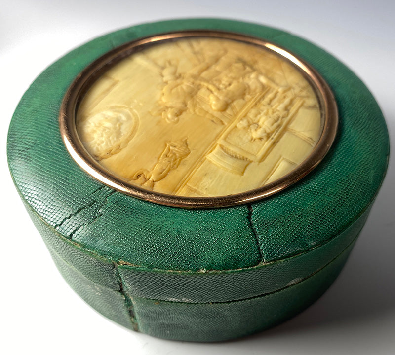 Antique French Shagreen Table Snuff, Carved Ivory Portrait Miniature Interior Set in Top, c.1800