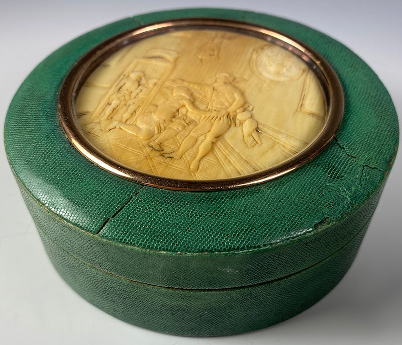 Antique French Shagreen Table Snuff, Carved Ivory Portrait Miniature Interior Set in Top, c.1800