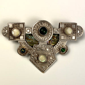 Antique Vienna Secessionist Bespoke Jeweled Brooch, Fiery Opal, Gems, Silver on Brass c. 1890s