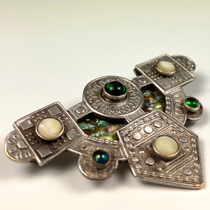 Antique Vienna Secessionist Bespoke Jeweled Brooch, Fiery Opal, Gems, Silver on Brass c. 1890s