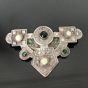 Antique Vienna Secessionist Bespoke Jeweled Brooch, Fiery Opal, Gems, Silver on Brass c. 1890s