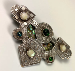 Antique Vienna Secessionist Bespoke Jeweled Brooch, Fiery Opal, Gems, Silver on Brass c. 1890s