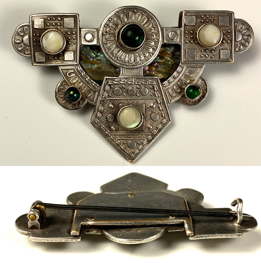 Antique Vienna Secessionist Bespoke Jeweled Brooch, Fiery Opal, Gems, Silver on Brass c. 1890s