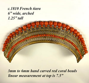 Antique French Empire Red Coral and Ormolu Tiara, Diadem, Crown Hair Ornament, c.1810