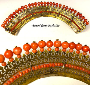 Antique French Empire Red Coral and Ormolu Tiara, Diadem, Crown Hair Ornament, c.1810