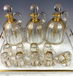Antique French Liqueur Service, Baccarat, 3 Carafe 9 Cups, Tray, Raised Gold Enamel