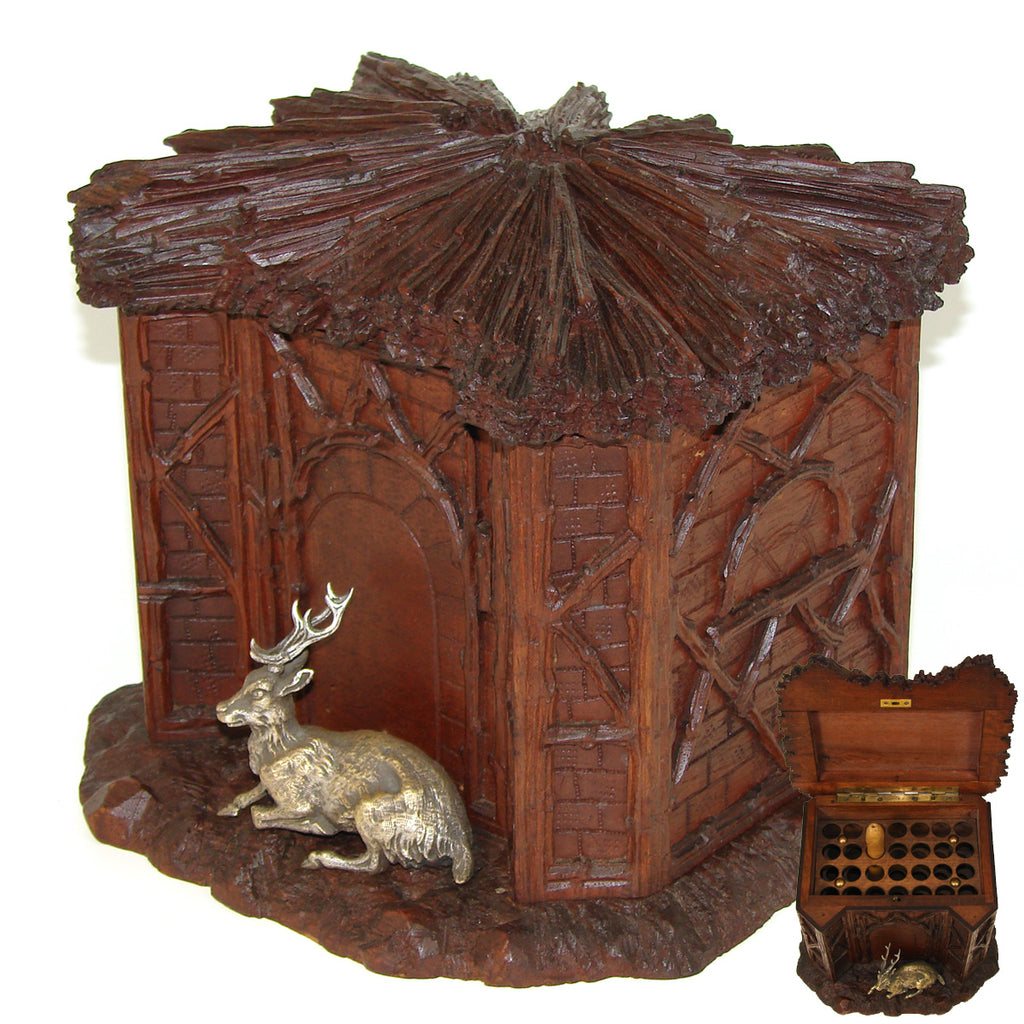 Antique Black Forest Carved Cigar Presenter, Box: a Thatch Roof House with Bronze Stag Figure