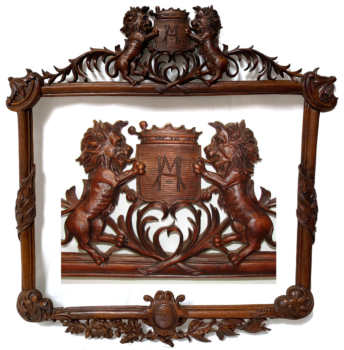 Huge Antique Black Forest Style Carved 28" Picture Frame, Painting or Tapestry, Lions & Crown Topped Crest