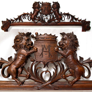 Huge Antique Black Forest Style Carved 28" Picture Frame, Painting or Tapestry, Lions & Crown Topped Crest