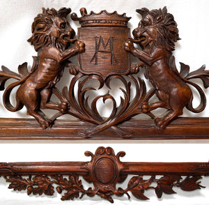 Huge Antique Black Forest Style Carved 28" Picture Frame, Painting or Tapestry, Lions & Crown Topped Crest