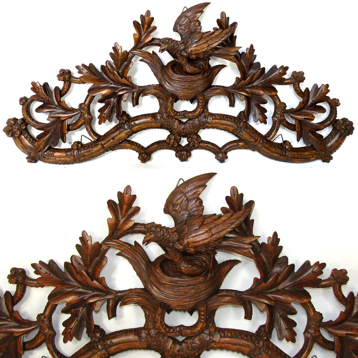 Antique Black Forest Carved 32.5" Wall-Mount Hat & Coat or Riding Crop & Leash Rack, Leaves, Bird & Nest