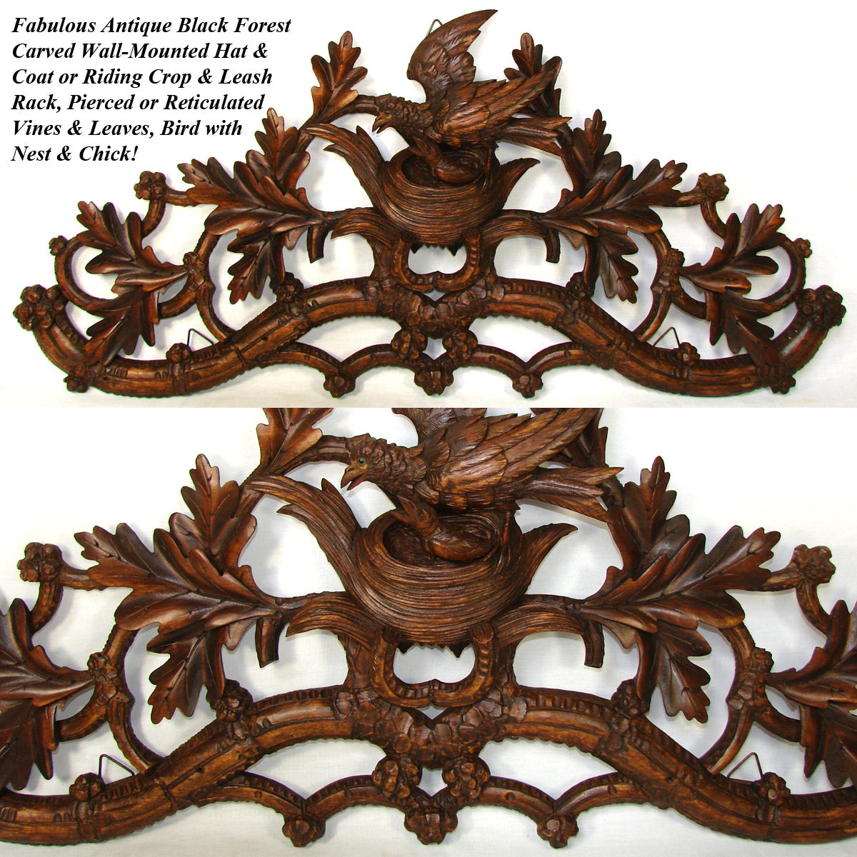 Antique Black Forest Carved 32.5" Wall-Mount Hat & Coat or Riding Crop & Leash Rack, Leaves, Bird & Nest