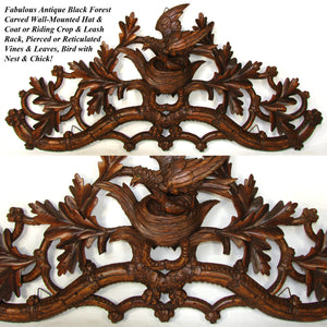 Antique Black Forest Carved 32.5" Wall-Mount Hat & Coat or Riding Crop & Leash Rack, Leaves, Bird & Nest