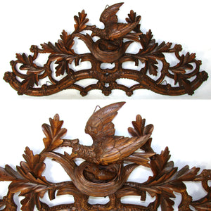 Antique Black Forest Carved 32.5" Wall-Mount Hat & Coat or Riding Crop & Leash Rack, Leaves, Bird & Nest