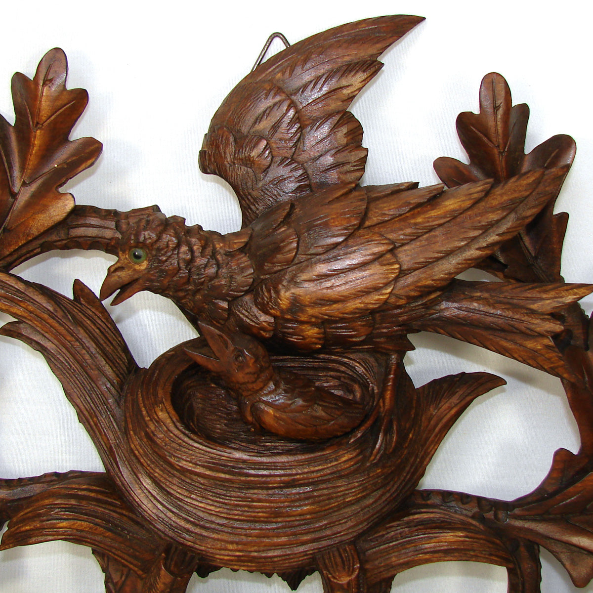 Antique Black Forest Carved 32.5" Wall-Mount Hat & Coat or Riding Crop & Leash Rack, Leaves, Bird & Nest