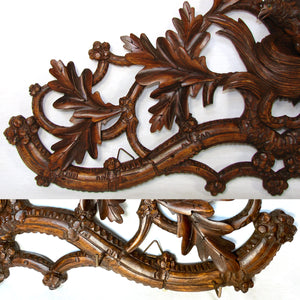 Antique Black Forest Carved 32.5" Wall-Mount Hat & Coat or Riding Crop & Leash Rack, Leaves, Bird & Nest