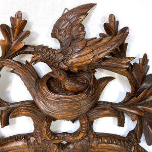 Antique Black Forest Carved 32.5" Wall-Mount Hat & Coat or Riding Crop & Leash Rack, Leaves, Bird & Nest